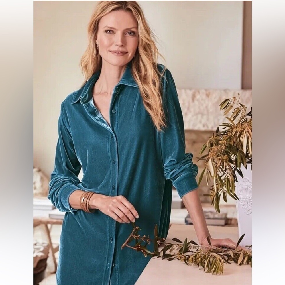 Soft Surroundings Velvet Boyfriend Tunic Button Down Shirt Size XS Blue NWT
